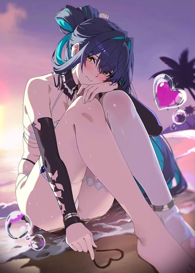 Anime Girl Drawing Heart on Beach
