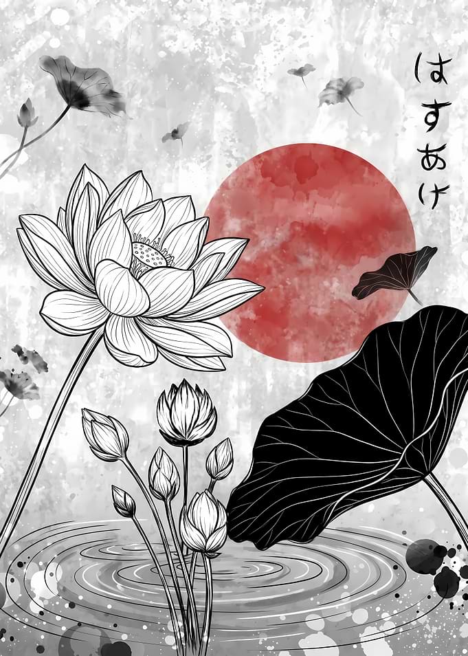 Lotus Flower and Red Sun Art