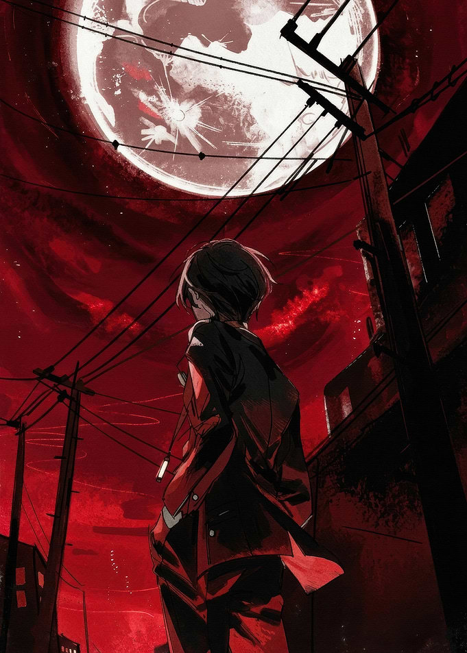 Anime character under a red moon