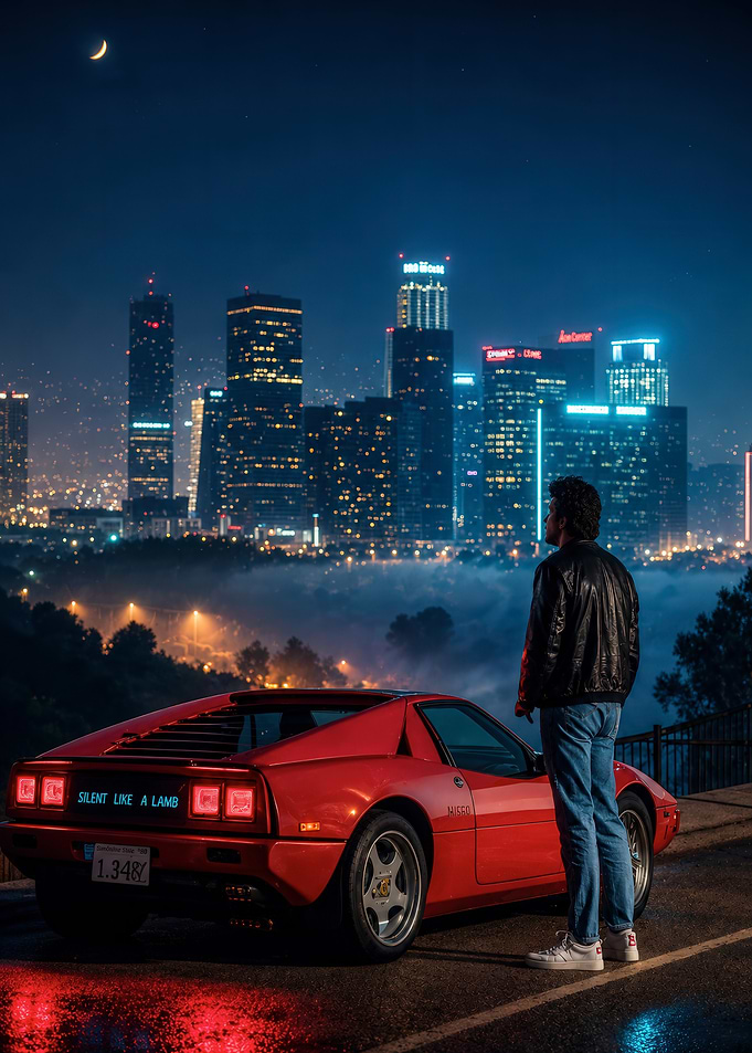 Man with Red Sports Car Overlooking City