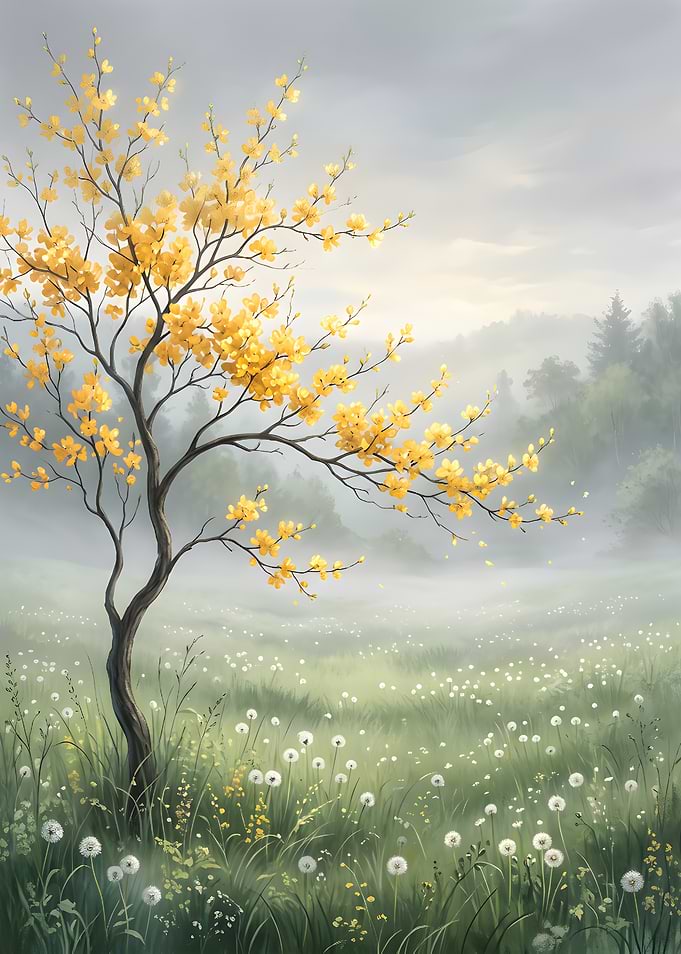 Golden Blossoming Tree in Misty Meadow