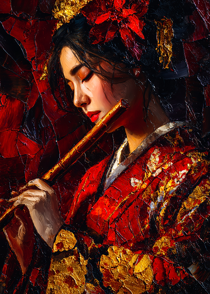 Detailed textured painting of playing flute geisha