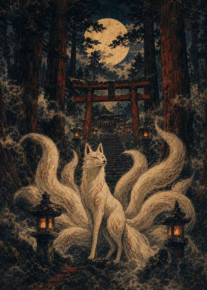 Nine-Tailed Kitsune at Shinto Shrine