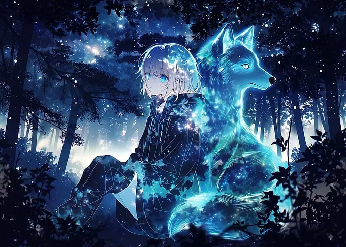 Anime Girl with Glowing Spirit Wolf