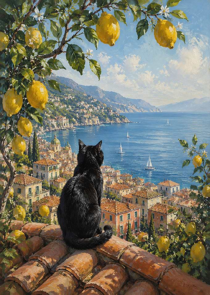Black Cat Overlooking Italian Coast