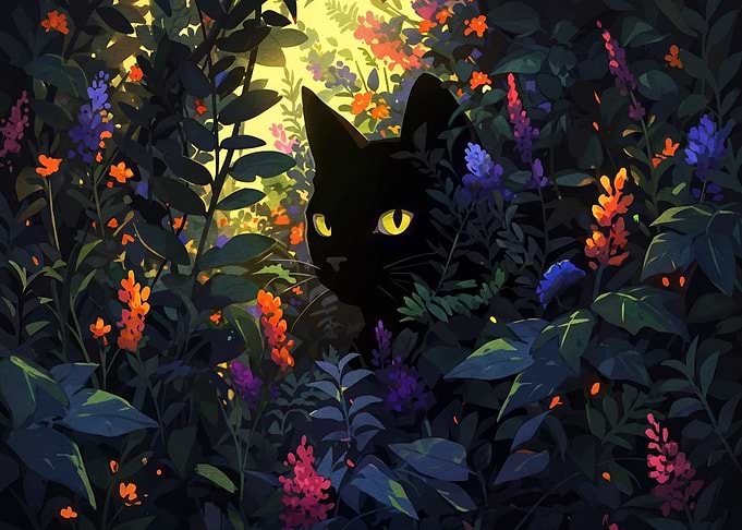 Black Cat Hidden in Colorful Garden