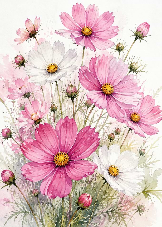 Watercolor Cosmos Flower Bouquet