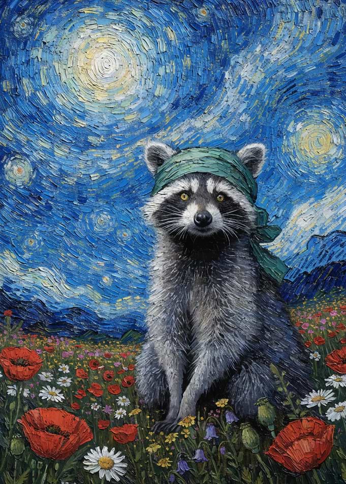 Raccoon in Starry Night Field