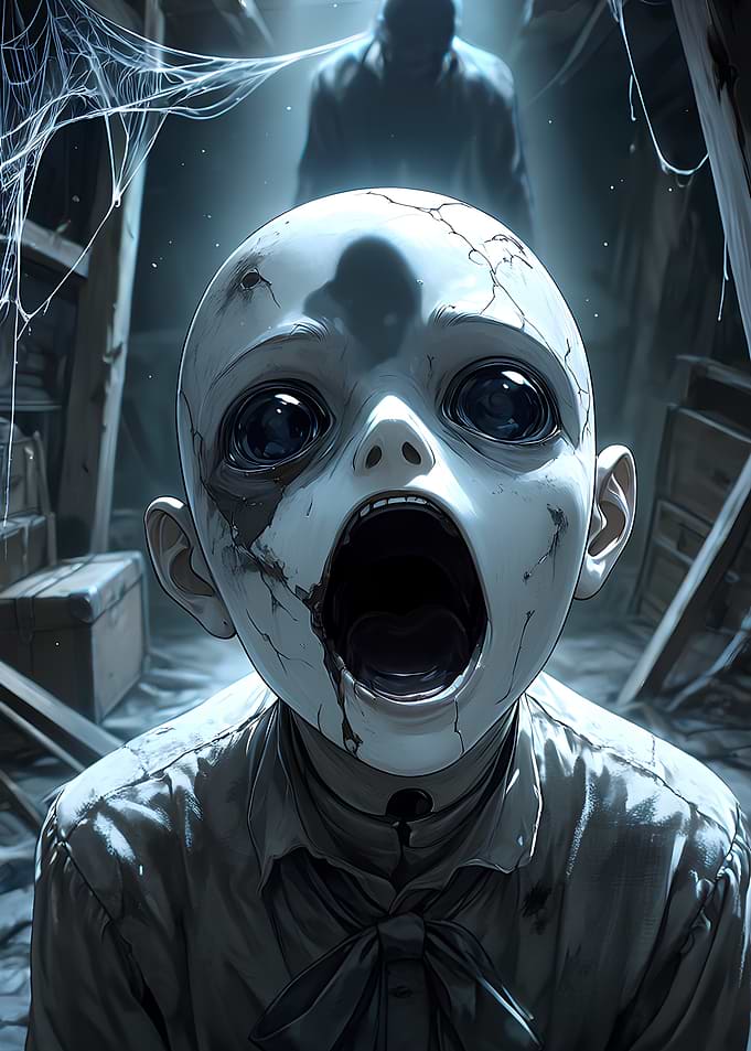 Creepy Cracked Doll in Dark Attic