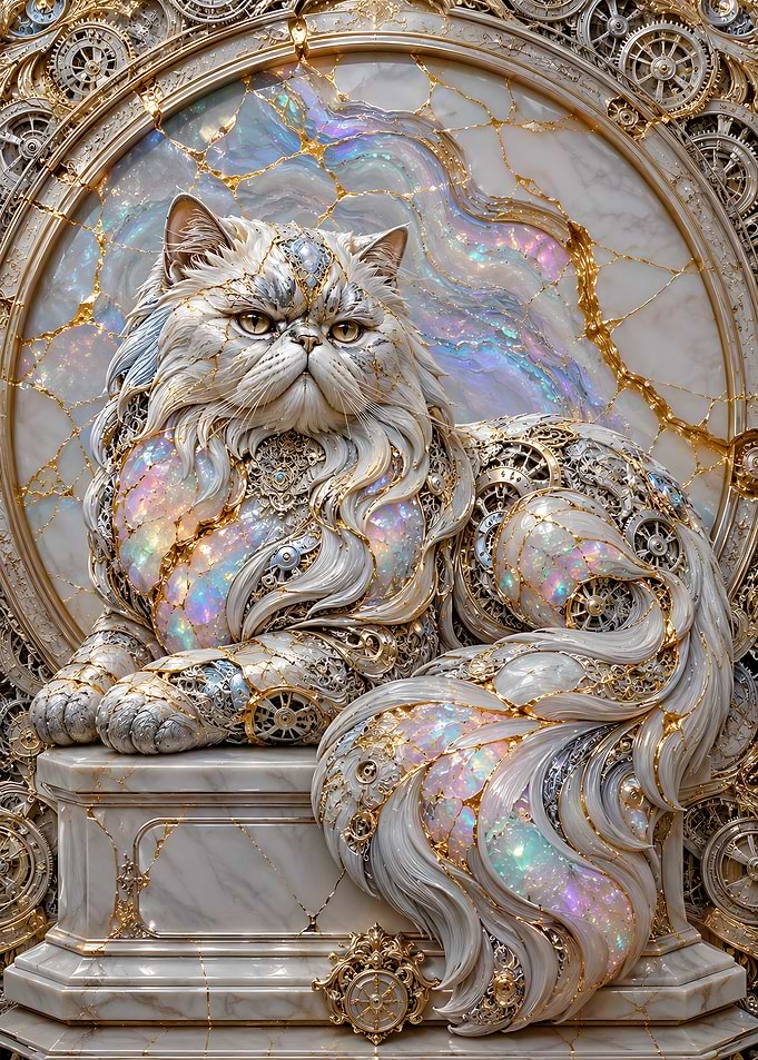 Cybernetic Persian Cat White Rainbow Opal Geode