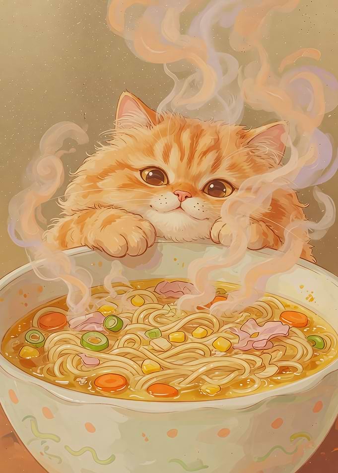Ginger Cat Over Steaming Ramen Bowl
