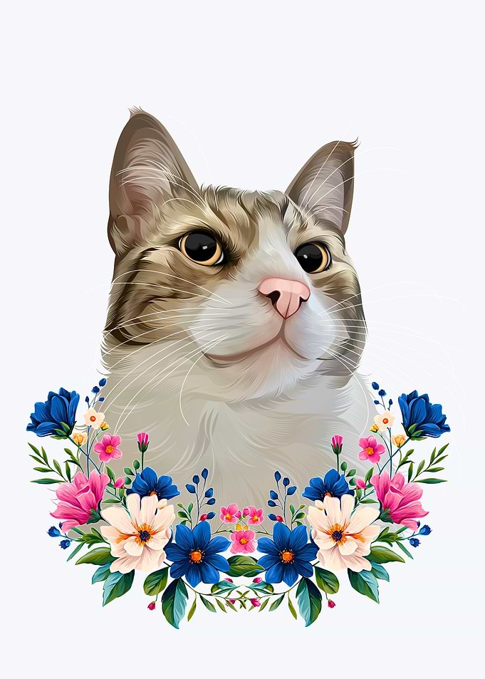 Cat Portrait with Floral Wreath