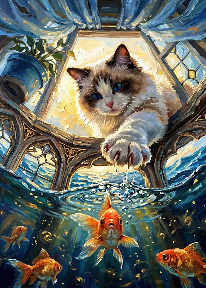Cat Reaching for Goldfish in Water