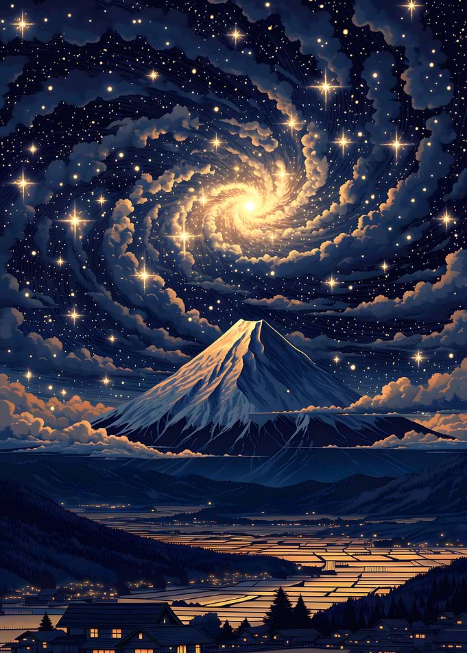 Mount Fuji Under Swirling Starry Sky
