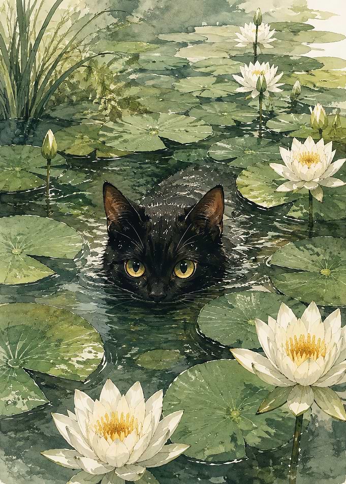 Black Cat in Water Lily Pond