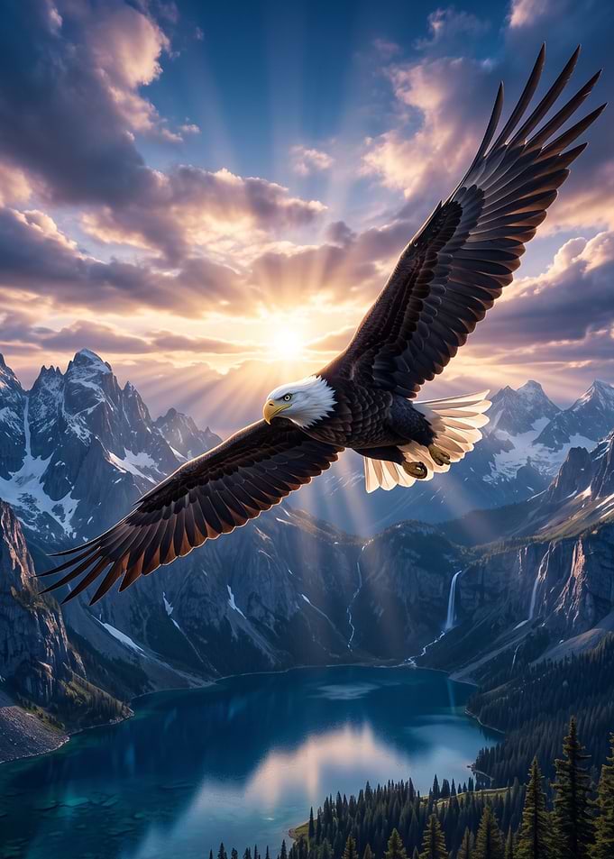 Bald Eagle Soaring Over Mountain Lake
