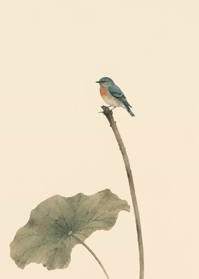 Minimalist Watercolor Bird on Lotus Stem