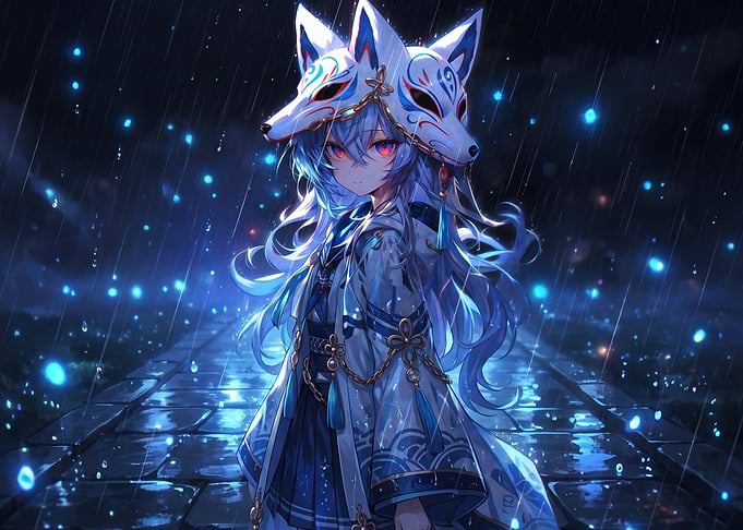 Anime Girl with Kitsune Mask