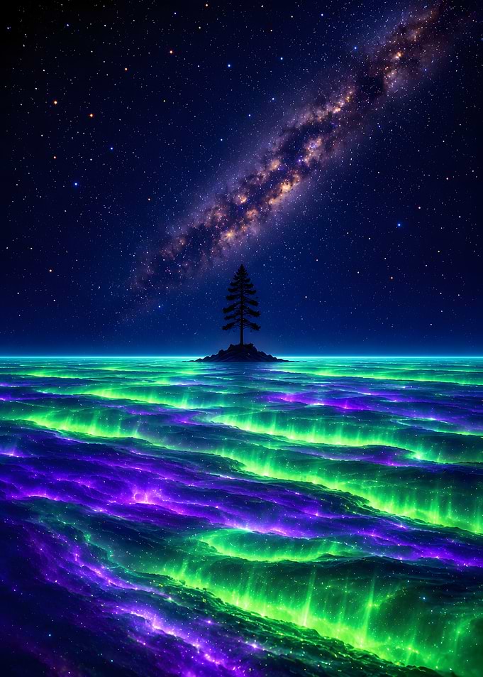 Lone Tree Under Cosmic Aurora