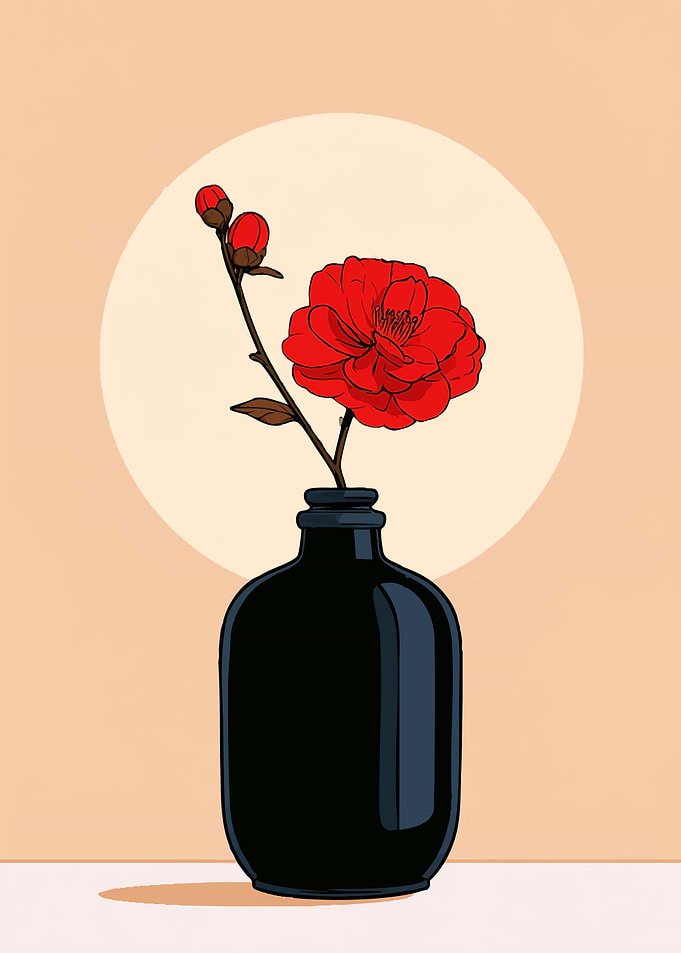 Minimalist Red Camellia in Black Vase