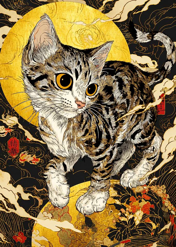 Tabby Cat in Traditional Japanese Style