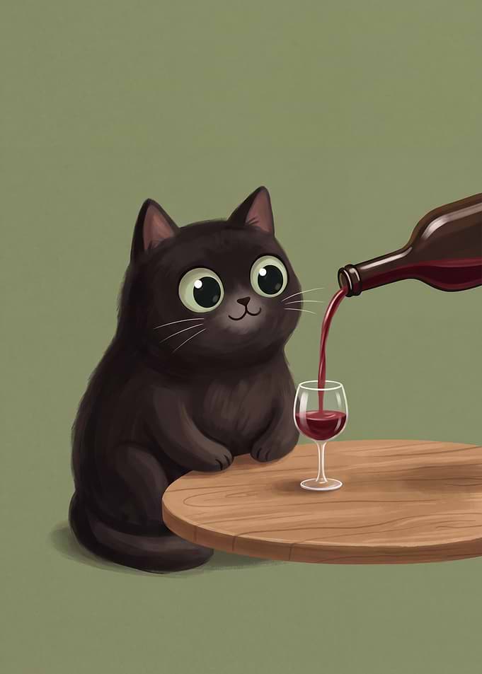 Cute Black Cat Pouring Red Wine