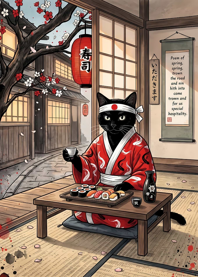 Black Cat Enjoying Sushi in Japan