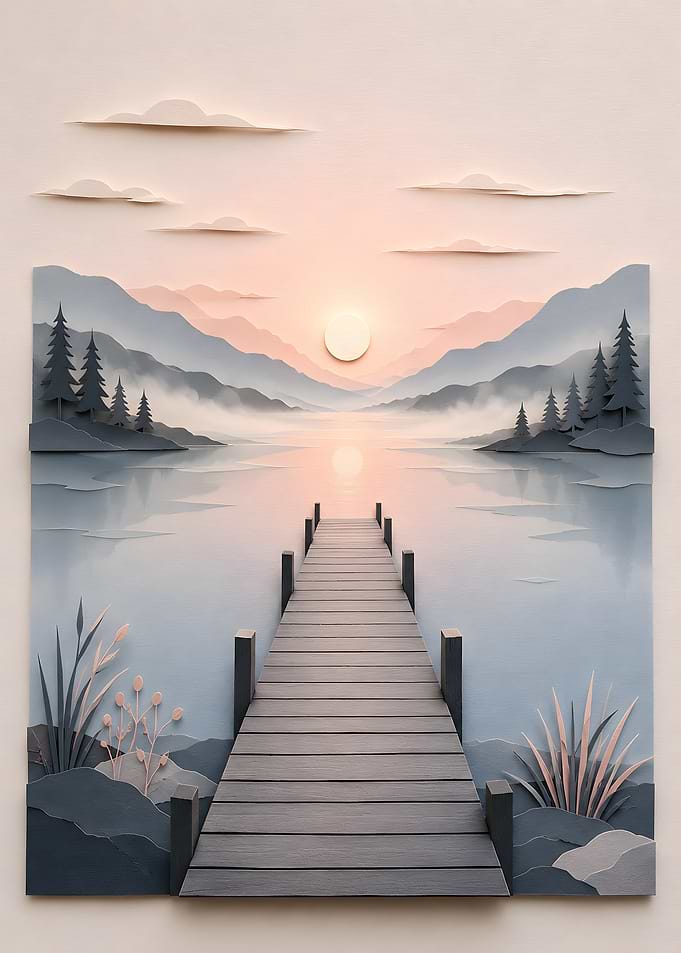 Minimalist Zen Lake Wooden Pier Papercraft