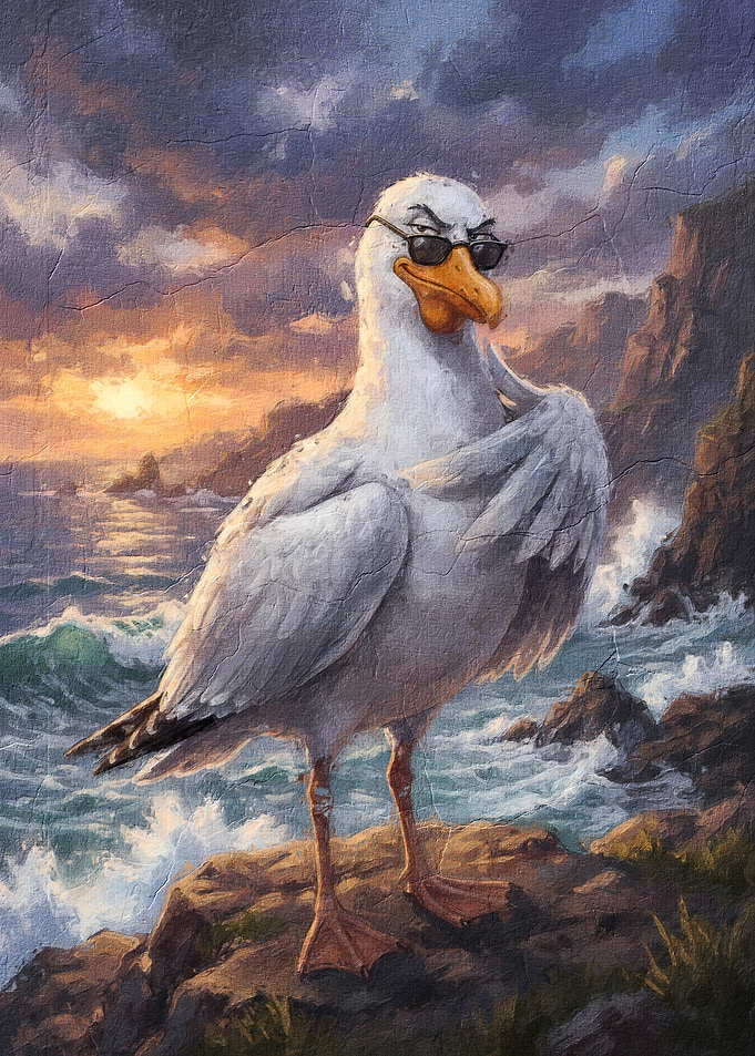 Cool Seagull Wearing Sunglasses at Sunset