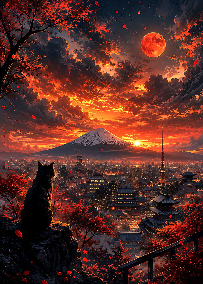 Black Cat Overlooking Mount Fuji