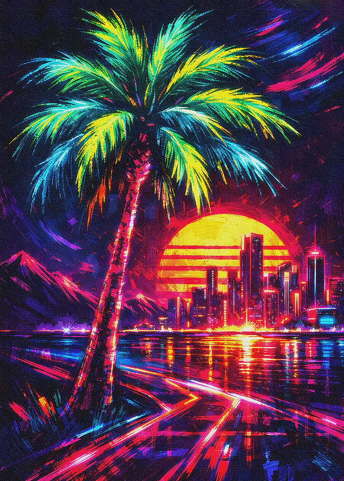 Neon Synthwave Palm Tree Canvas Cityscape