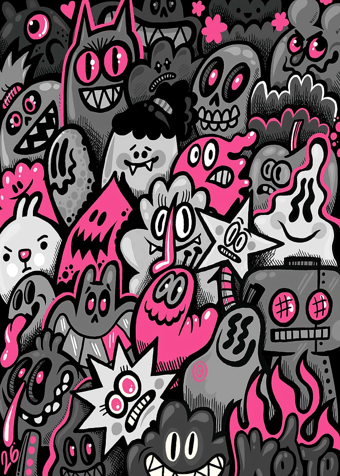 Whimsical Pink and Grey Monster Doodle