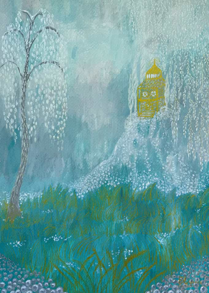 Golden Pavilion in Misty Landscape