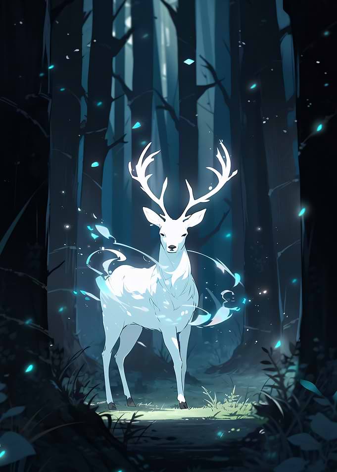 Glowing Spirit Deer in Dark Forest