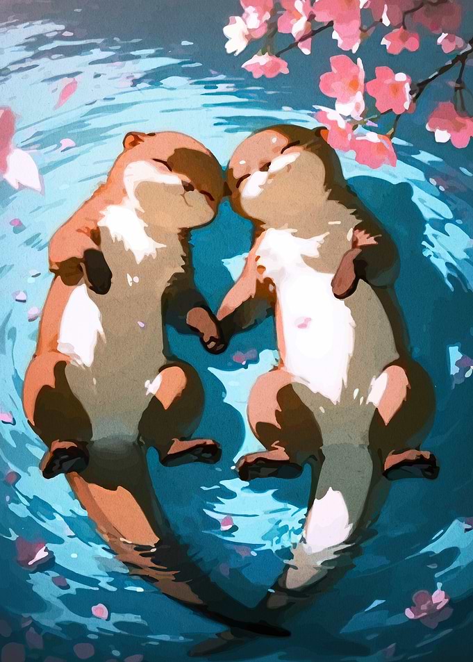 Two Otters Floating Under Cherry Blossoms