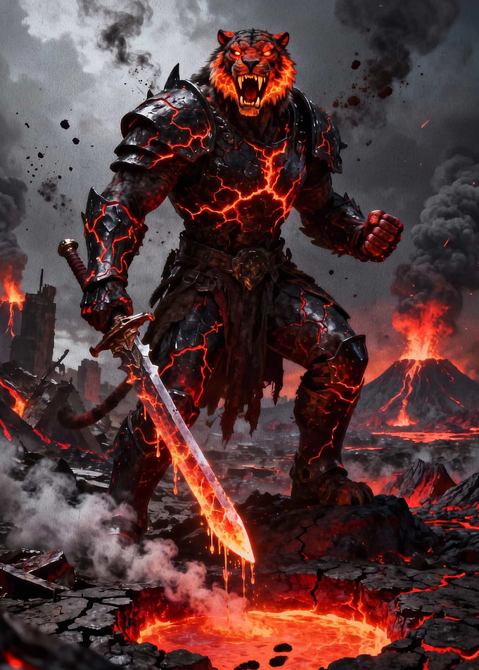 Lava Tiger Warrior with Flaming Sword