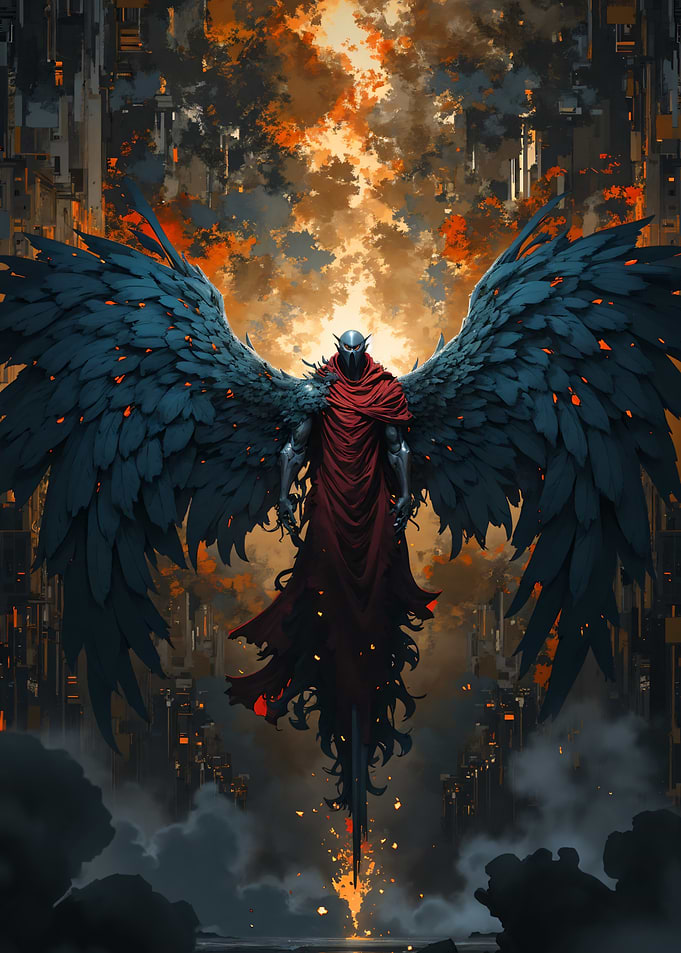Dark Angelic Figure in Ruined City