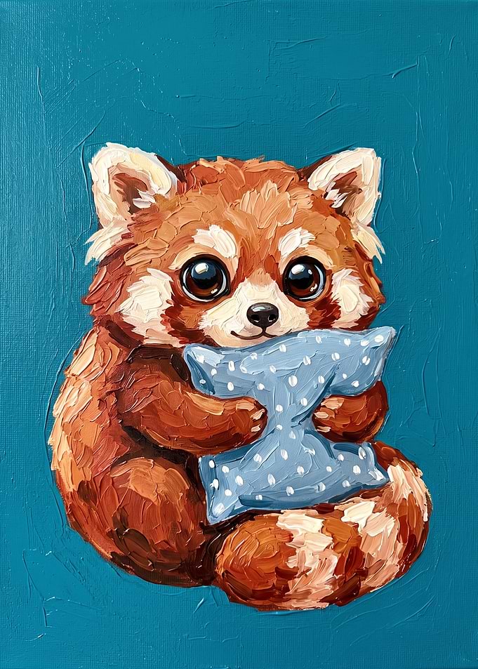Cute Red Panda Holding Blue Pillow