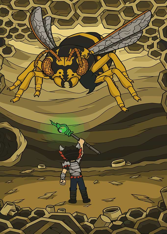 Grounded Warrior Facing Giant Bee Boss
