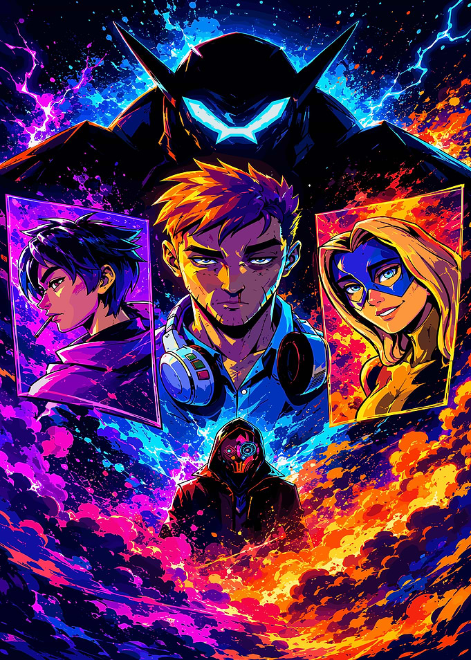Dispatch Vibrant Cyberpunk Superhero Team Poster
