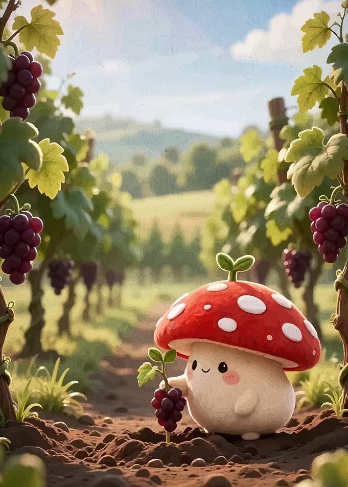 Cute Mushroom Harvesting Grapes