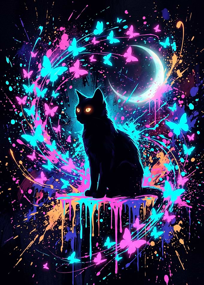 Neon Black Cat with Butterflies