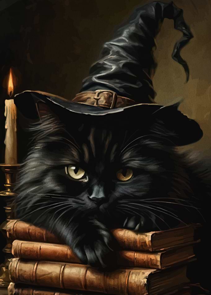 Black Cat Wearing Witch Hat