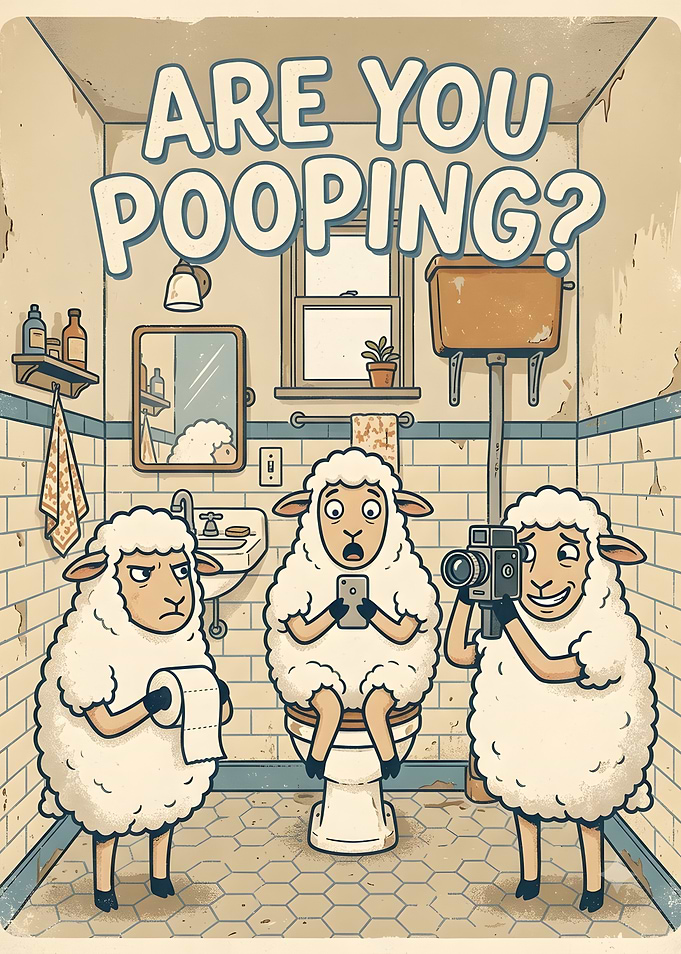 Funny Sheep Bathroom Scene Poster
