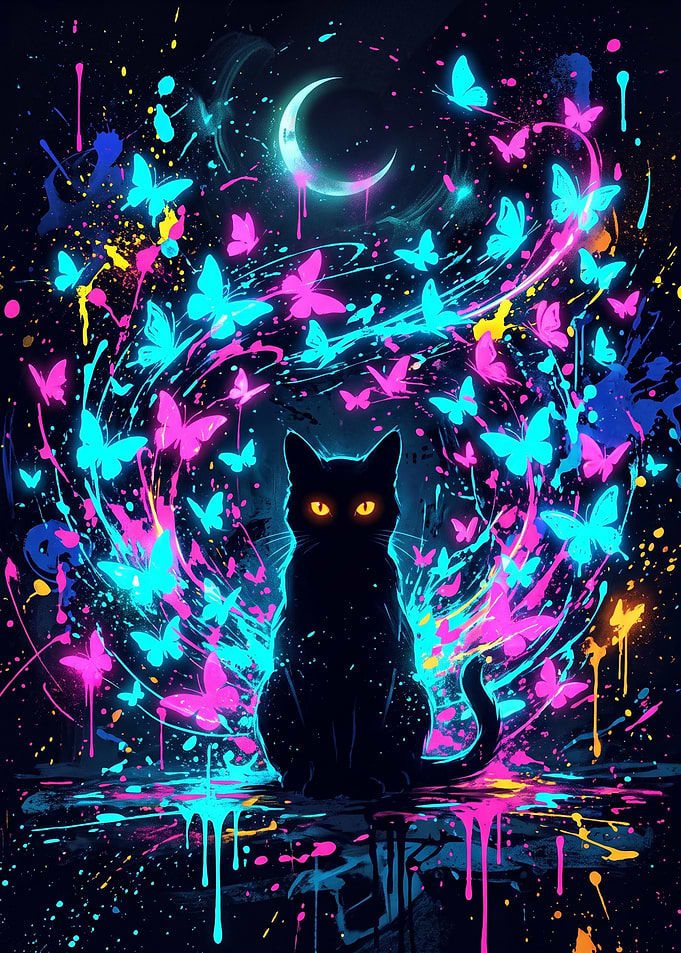 Neon Black Cat with Glowing Butterflies