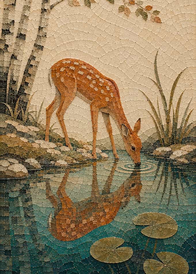 Mosaic Art of Fawn Drinking Water