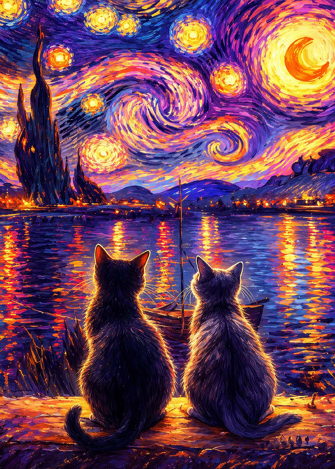 Two Cats Watching Starry Night