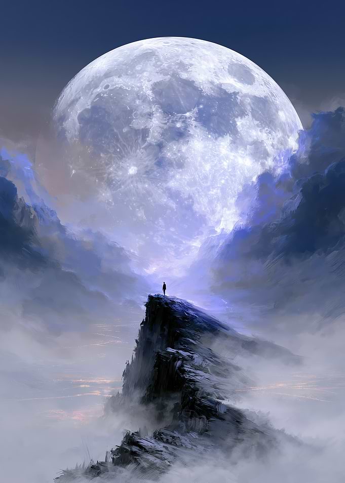 Lone Figure Under Giant Moon