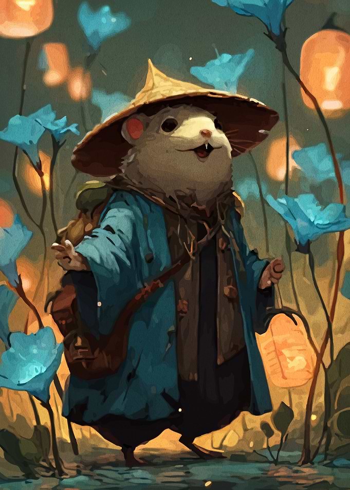 Cute Mouse Traveler in Magical Forest