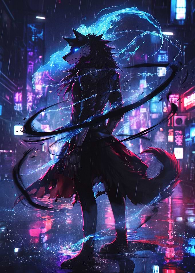 Cyberpunk Wolf Warrior in Neon Rain